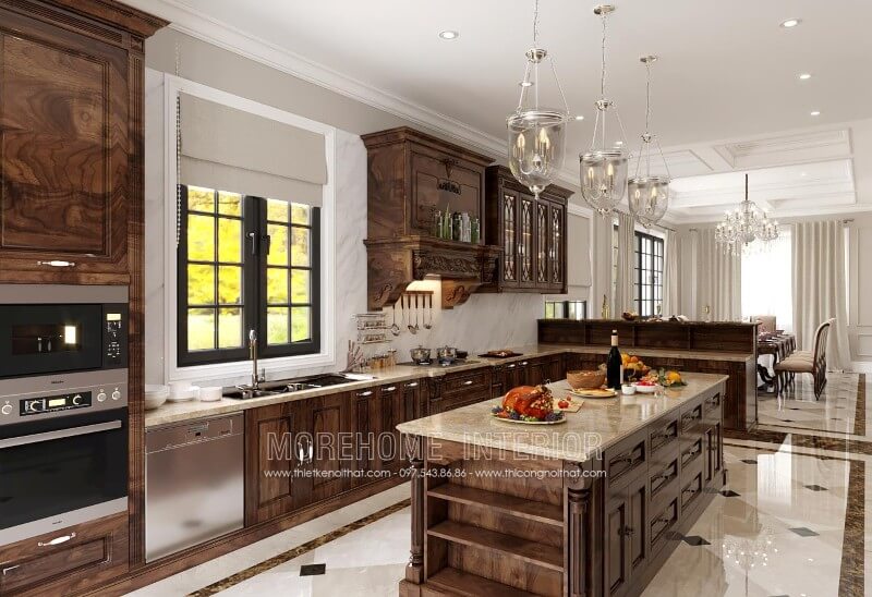 Tủ bếp cao cấp với sự phân chia hợp lí giữa các ngăn tủ tạo sự thuận tiện, chiếc bàn đảo đặt chính giữa vừa có tác dụng làm quầy bar, vừa có tác dụng làm bàn ăn phụ, bạn cũng sẽ không phải lo về vấn đề lưu trữ đồ đạc giúp căn bếp luôn sạch sẽ, gọn gàng, ngăn nắp Thiết kế tủ bếp đẹp