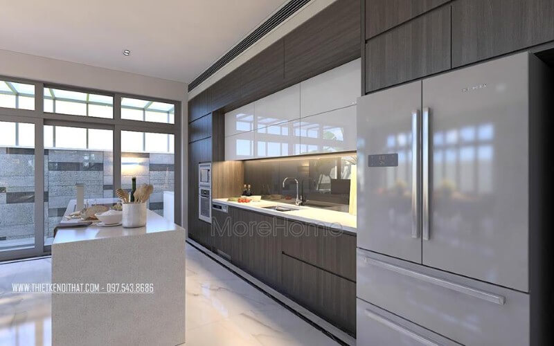 Sắp xếp nội thất phòng bếp hiện đại, sang trọng từ tủ bếp gỗ công nghiệp acrylic đồng màu cùng đá ốp cao cấp. Thiết kế phòng bếp, tủ bếp đẹp