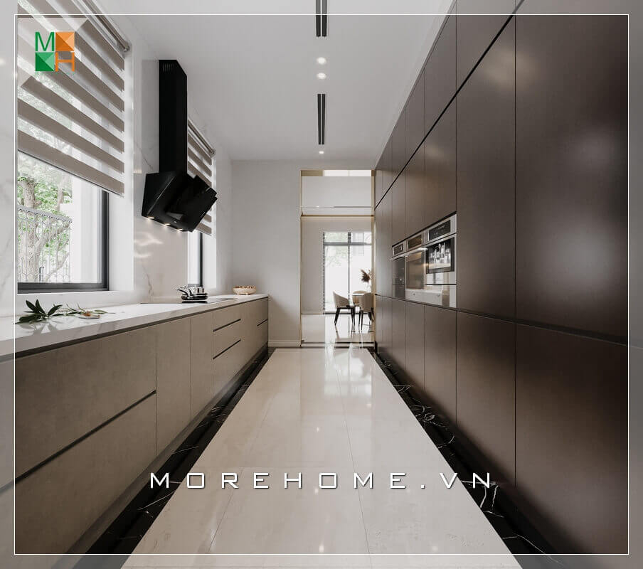 Mẫu hệ thống tủ bếp rất hiện đại, tiện nghi và sang trọng màu nâu đen. Thiết kế phòng bếp, tủ bếp đẹp