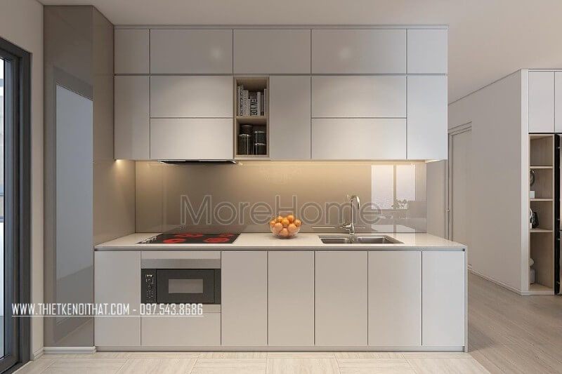.
Mẫu tủ bếp có kiểu dáng chữ i gỗ acrylic màu trắng và được phân chia các ngăn tủ hợp lí, giúp cho người nội trợ dễ dàng hơn trong việc chuẩn bị những bữa ăn ngon miệng cho những người thân yêu.
