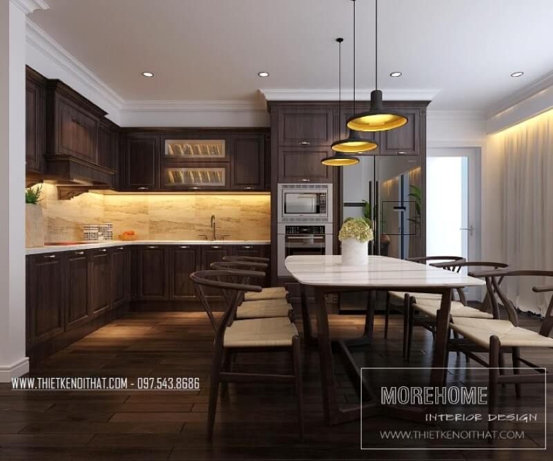 Nội thất phòng bếp của chung cư là một sự kết hợp giữa phong cách tân cổ điển và sang trọng, cùng với nhiều tiện nghi.