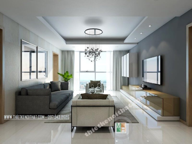 Mẫu thiết kế nội thất cho căn hộ có đầy đủ tiện nghi với bộ sofa vải hiện đại để tạo nên sự nổi bật trong phòng.